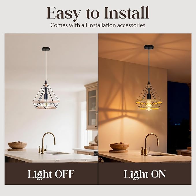 ropelux Pendant Lights Fixtures, Black Farmhouse Kitchen Island Lighting, Adjustable Height Modern Metal Hanging Light Fixture for Kitchen Island Sink Dining Room Bedroom- 2 Pcs
