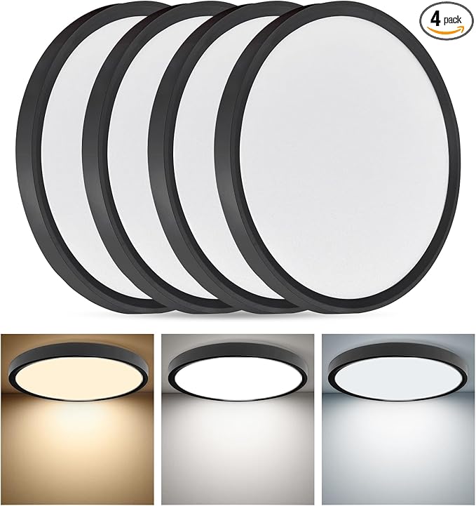 4PK 12 Inch LED Flush Mount Ceiling Light,24W, 2520LM, 3000K/4000K/6000K CCT Selectable,0.9inch Super Slim LED Ceiling Light, Low Profile Round Flat Panel Light for Bedroom,Kitchen,Hallway(Black)