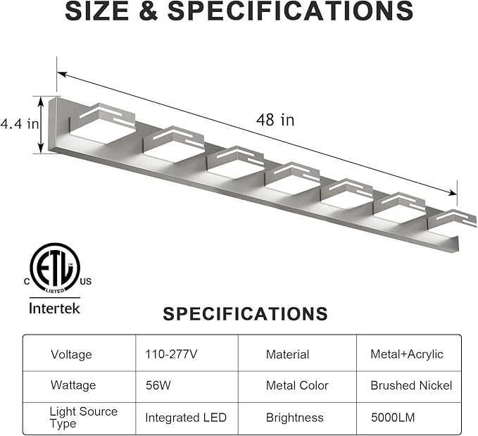 LED Modern Bathroom Vanity Light Fixtures, 7-Light 48-inch Dimmable Brushed Nickel Vanity Lights for Bathroom Lighting Fixtures Over Mirror, with 360° Rotatable Acrylic Heads (Cool White 6000K)