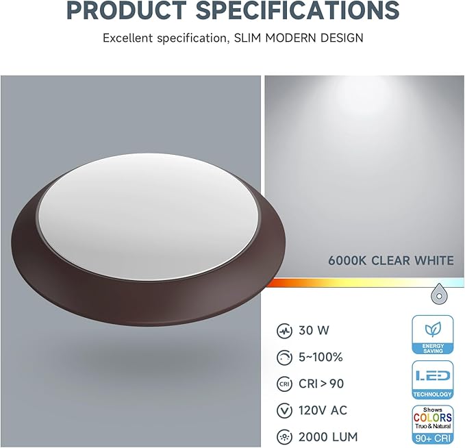 ECOELER 8 Inch Bronze LED Flush Mount Ceiling Light Fixture, Aluminum Trim, 30W Dimmable LED Disk Light, 6000K Clear White 2000Lm, ETL & FCC Listed