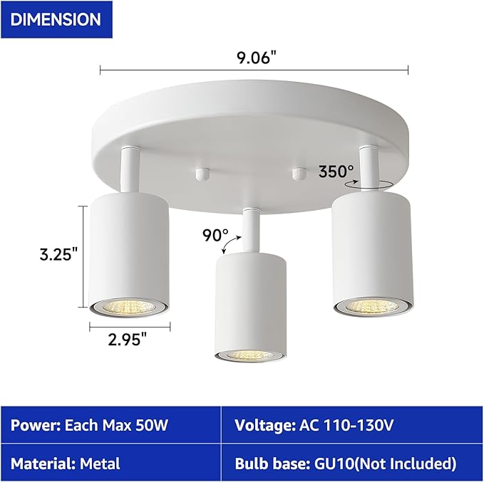 EGM 3 Light Track Lighting, White Round Track Lighting Fixtures, GU10 Flush Mount Directional Ceiling Light for Kitchen, Bedroom, Office, Picture Wall