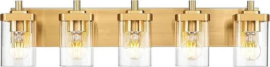 Bathroom Light Fixtures, 30" Brushed Gold Vanity Light, 5-Light Modern Wall Sconces with Square Clear Glass Shade, Vanity Lighting Fixtures Over Mirror, VL194-BG-5