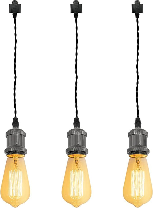 Kiven H-Type Wire Track LightPendants,Cord Length Customization Provided, 3 Lights Restaurant Decorative Pendant Light Industrial Pendant Lamp, Bulb Not Included,Pearl Black Finish