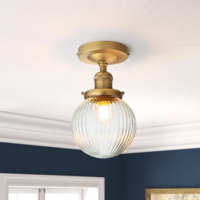 PERMO Simi Flush Mount Ceiling Light with Globe Ribbed Glass Lampshade 1- Light Flush Mount Ceiling Light for Hallway, Brass Finish (Antique Gold)