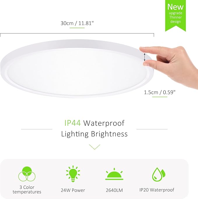 2 Pack LED Flush Mount Ceiling Light, 24W Ultra Thin Round White 3000k/4000k/6500k 3 Color Temperatures Adjusted 12 Inch Modern Ceiling Lights for Bedroom Bathroom Kitchen, Wired