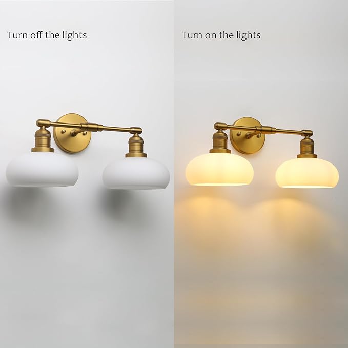 Pathson 2-Lights Milky Glass Wall Sconce, Hardwired Double Head Bathroom Sconces, Vintage Wall Lamps for Vanity Mirror, Living Room, Bedroom, Farmhouse Lighting