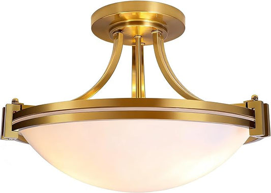 Bektas Semi Flush Mount Ceiling Light Fixture 16inch Gold Traditional Fixture with Milk Glass for Bedroom Kitchen Bathroom Hallway Foyer Living Room Entryway