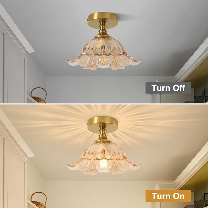 Semi Flush Mount Ceiling Light Fixture, 11in Amber Glass Vintage Light Fixtures Ceiling for Hallway Kitchen Foyer Entryway Bedroom, E26 Base