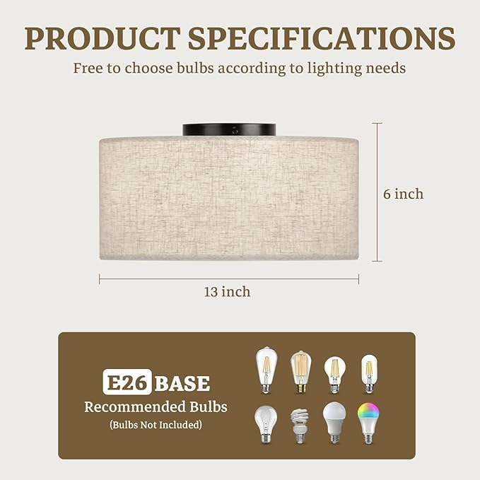 13inch Semi Flush Mount Ceiling Light Fixture,3-Light Ceiling Mount Drum Light Fixture with Linen Shade,Modern Close to Ceiling Lamps for Living Room, Bedroom, Dining Room,Hallway