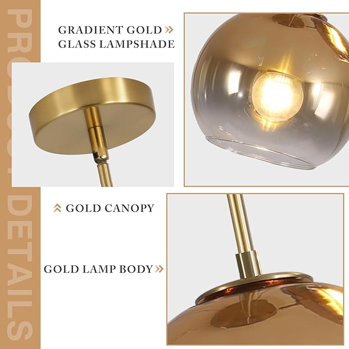 KCO Lighting 1 Light Pendant Lighting Gradient Gold Glass Pendant Light Large Globe Pendant Lights Kitchen Island Mid Century Modern Hanging Light Fixture