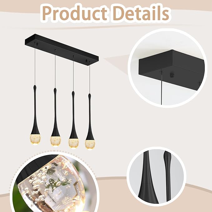 ykolupty Dining Room Light Fixture 4-Light Black Kitchen Island Lighting Industrial Linear Crystal Chandeliers for Dining Room Pendant Light Fixture for Living Room Hallway Bedroom