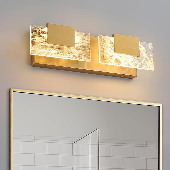 LED Bathroom Vanity Light: 16 inch Brushed Gold Acrylic Modern Lighting Fixtures - 2 Lights Contemporary Smoke Design Wall Lights Fixture Over Mirror 3000K