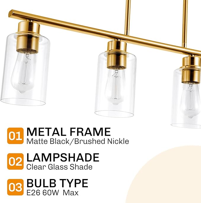 mavcadonf Kitchen Island Light, 5-Light Pendant Lighting, Farmhouse Industrial Dining Room Light Fixtures for Kitchen Island Dining Living Room, Brushed Gold with Clear Glass Shade