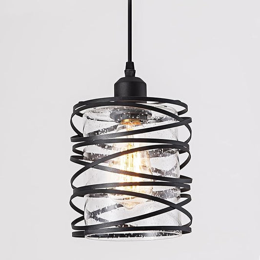Modern Mini Pendant Light Fixture Kitchen Island Pendant Lighting 6.30''Matte Black Spiral Cage Handblown Clear Seeded Glass Shade Hanging Lamp Adjustable Cord for Dining Room 1-Pack,E26