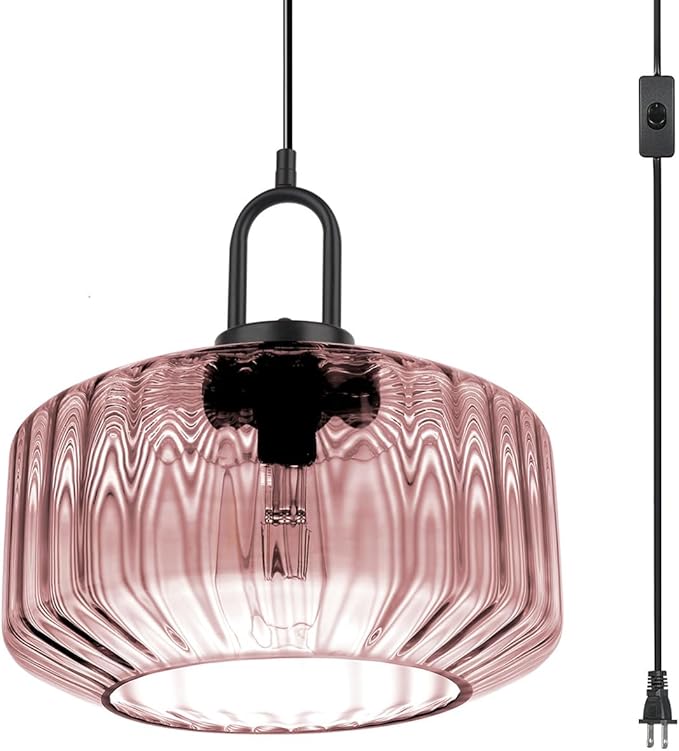 Modern Plug in Pendant Light Fixture Large Glass Hanging Lamp Pink Globe Shade Hanging Light Plug in Cord Mid Century Modern Pendant Lighting with 14.7 ft Cord for Kitchen Living Room