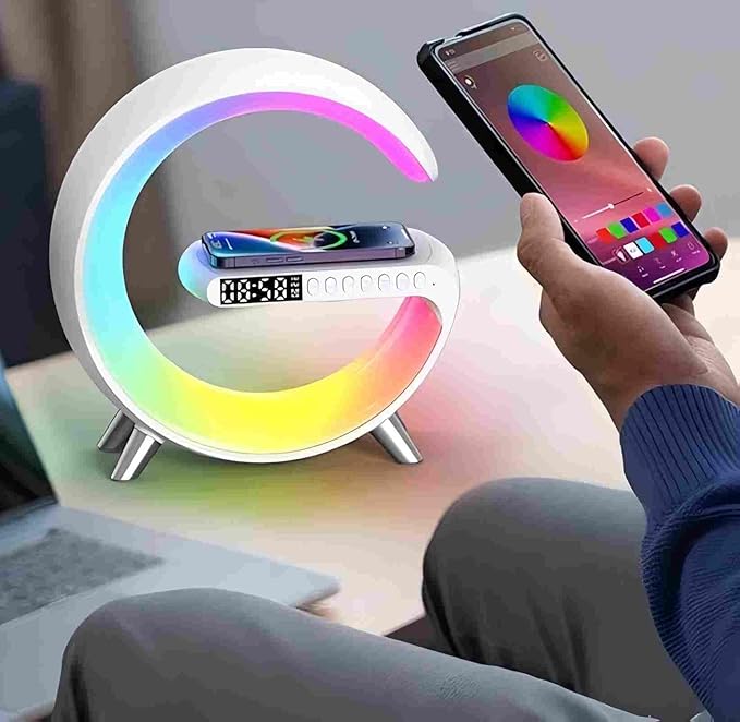 BKDRL Bluetooth Speaker Lamp with Wireless Charger, RGB Night Light, Alarm Clock, App Control - White