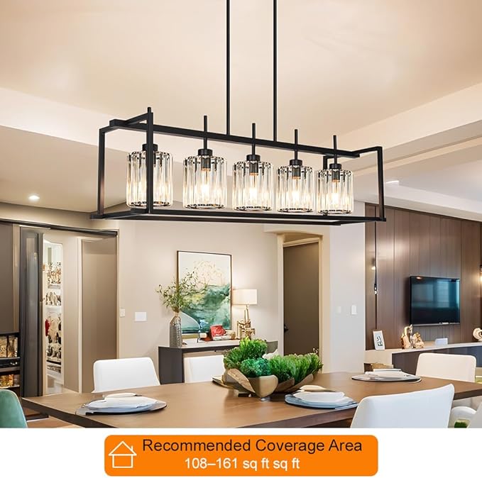 DSMJFU Black Farmhouse Rectangular Chandelier for Dining Room, 5-Light Linear Pendant Lighting, Rectangular Kitchen Island Light with Crystal Shades, Adjustable Height Rectangle Hanging Lighting