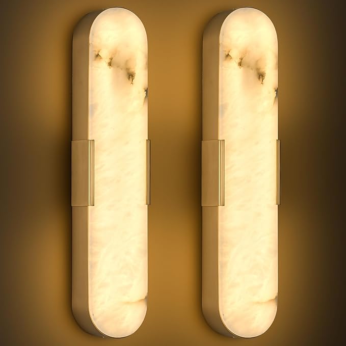 20 in Gold Alabaster Wall Sconces 2 Pack Spanish Natural Marble Wall Lights Indoor Brass Marble Wall Lighting Bathroom Vanity Light LED Alabaster Wall Lamps for Bedroom Hallway Dining Room
