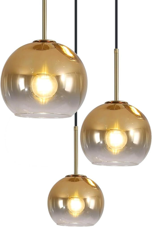 Mikeru Modern Gold Glass Chandelier, 3 Light Cluster Pendant Light Fixtures Kitchen Island Lighting Kitchen Island Pendant Lighting Hanging Lights Multi Light Large Pendant Lighting（Without Bulb）