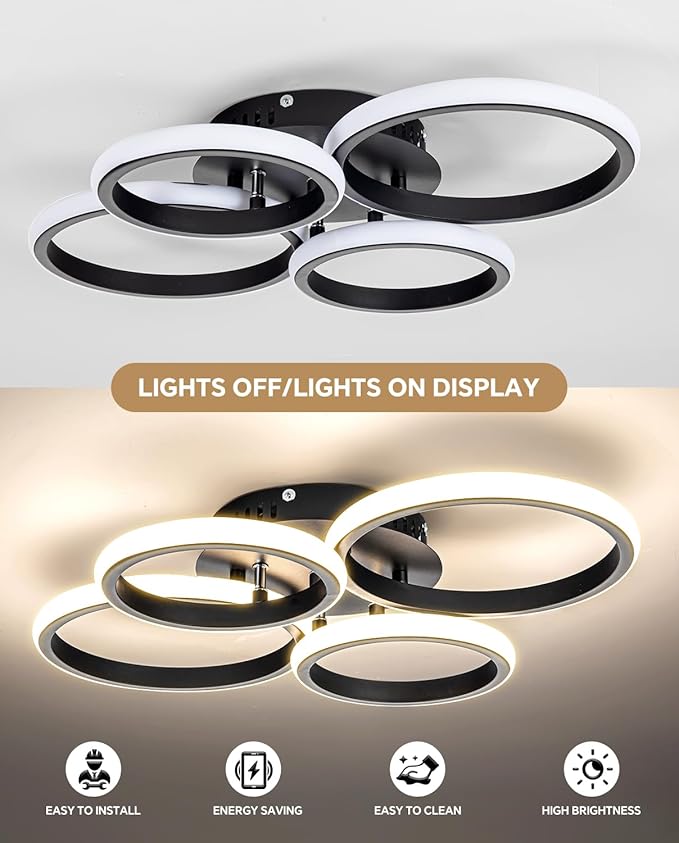 4 Ring Modern LED Ceiling Light Fixture with Remote Control, 3000K-6500K 3-Color Black Dimming Circle Modern Ceiling Light for Bedroom Kitchen Living Room