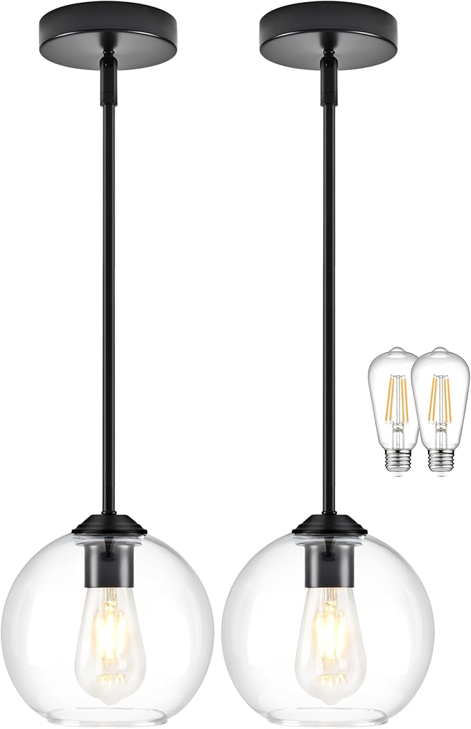 7 Inch Matte Black 2-Pack Modern Pendant Lights Kitchen Island Mid Century Modern Pendant Light Fixtures with Clear Glass Globe Modern Hanging Pendant Light for Bathroom Foyer （Bulb Incl）