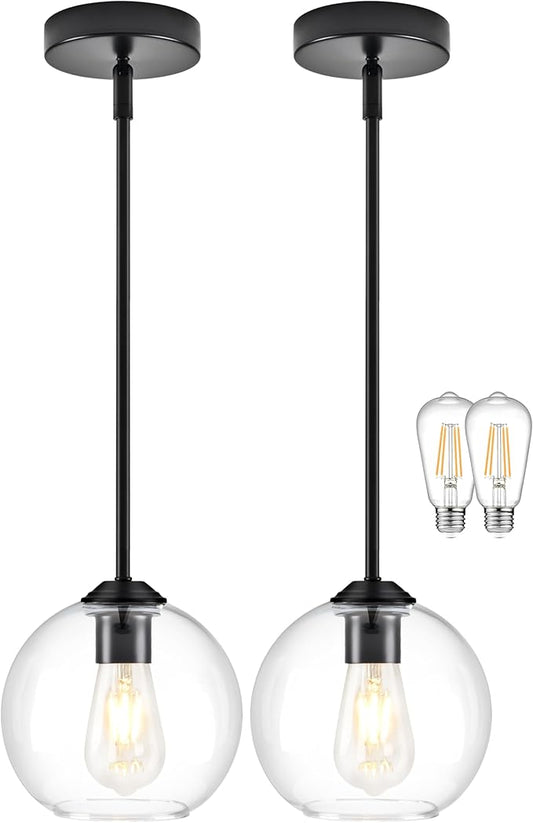 7 Inch Matte Black 2-Pack Modern Pendant Lights Kitchen Island Mid Century Modern Pendant Light Fixtures with Clear Glass Globe Modern Hanging Pendant Light for Bathroom Foyer （Bulb Incl）