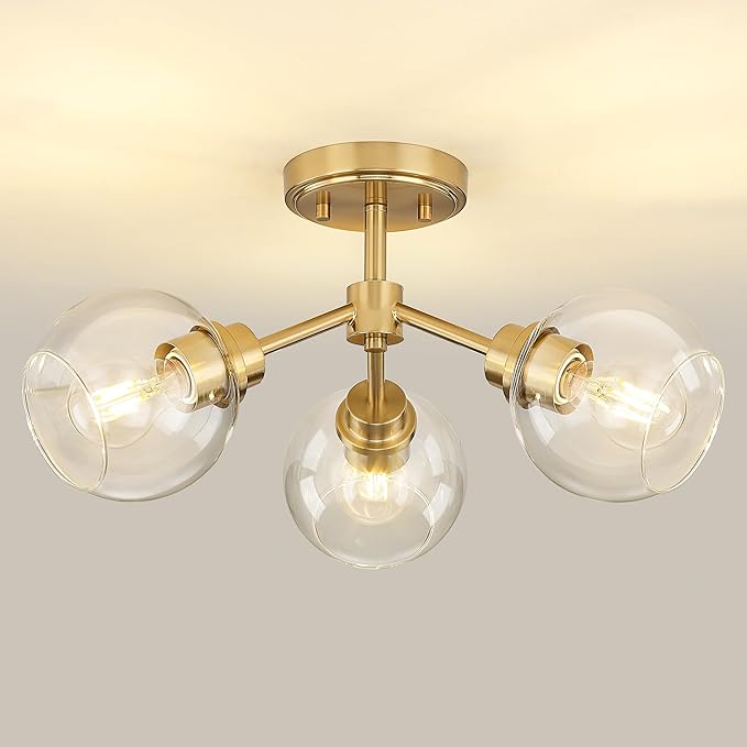 3-Light Semi Flush Mount Ceiling Light, Modern Light Fixtures Ceiling Mount with Globe Clear Glass Shade, Brushed Gold Light Fixtures for Kitchen Entryway Hallway Bedroom, SM195-BG-3