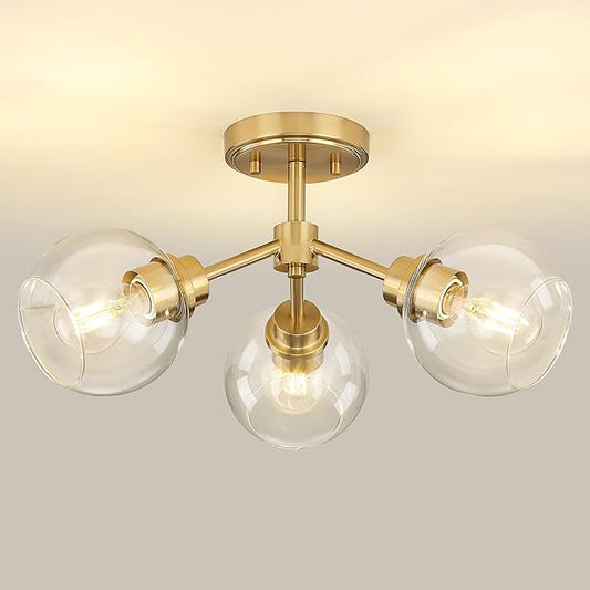 3-Light Semi Flush Mount Ceiling Light, Modern Light Fixtures Ceiling Mount with Globe Clear Glass Shade, Brushed Gold Light Fixtures for Kitchen Entryway Hallway Bedroom, SM195-BG-3