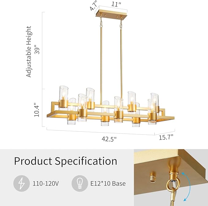 WUZUPS Island Rectangle Chandelier 10-Light with Clear Glass Industrial Modern Farmhouse Linear Light Fixture for Dining Room Kithen Island, Width 42.5" Height 10.4", Gold