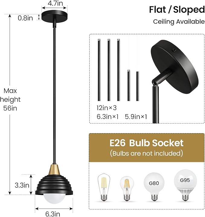 Industrial Kitchen Pendant Light Fixtures: 6 Inch Metal Modern Chandelier - Adjustable Farmhouse Black and Gold Pendant Lighting for Kitchen Living Room Bedroom
