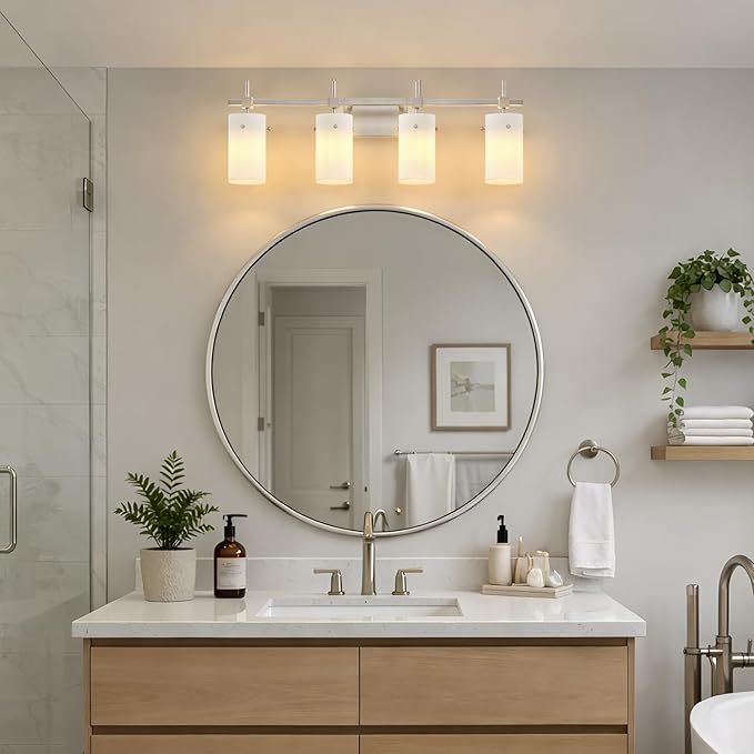 SOLFART 4 Light Bathroom Vanity Lights Over Mirror, Vintage Bathroom Lighting Brushed Nickel Wall Sconce with Milky White Glass Shade