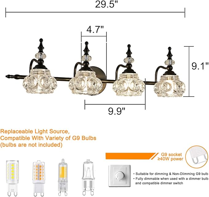 Vanity Light Fixture 4 Lights Bathroom Lighting Painted Black Surface with Thick Crystal Glass Shade, Vintage Vanity Light for Bathroom
