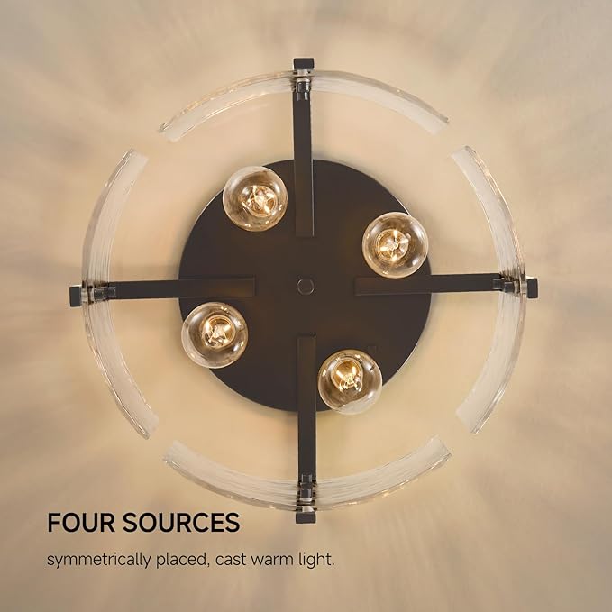 Semi Flush Mount Ceiling Light: 4 Light Drum Matte Black Ceiling Lights - Mid Century Modern Kitchen Lighting Fixtures - Vintage Hammered Glass Fixture for Entryway Farmhouse Bedroom Hallway Foyer