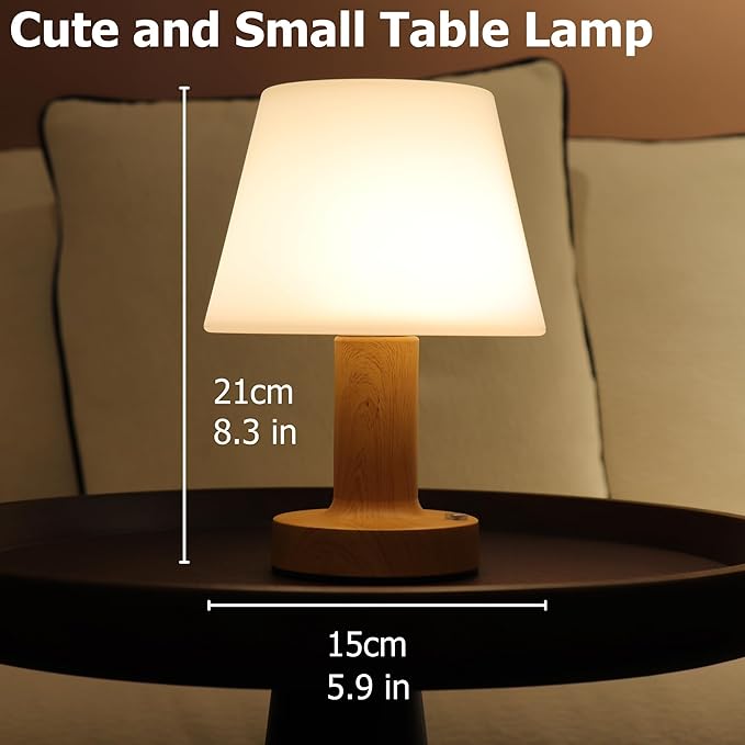 HAPYGI Small Mushroom Table Lamp, Cordless Night Light with 2600mAh Rechargeable Battery, Stepless Dimming Desk Lamp with 3 Colors for Bedroom/Patio/Living Room (Wooden-2)