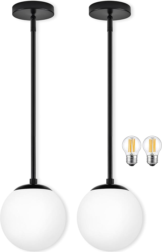 Bagood 6" Globe Pendant Light Black 2 Pack Mid Century Pendant Light Globe Pendant Lights Kitchen Island Matte Black Finished with Milk Glass Adjustable Ceiling Light Fixtures for Dining Room Bar