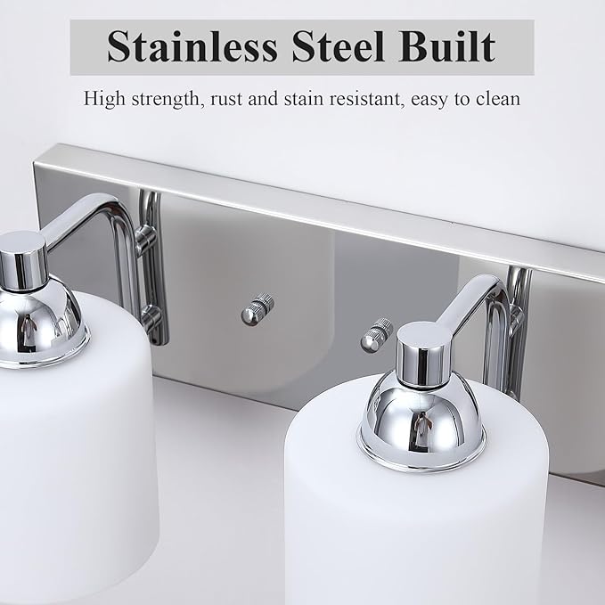 Mecgirn Stainless Steel Milk Glass Vanity Lights for Bathroom, 2 Light Polished Chrome Bathroom Light Fixtures Over Mirror, Ceramic E26 Sockets Wall Mounted