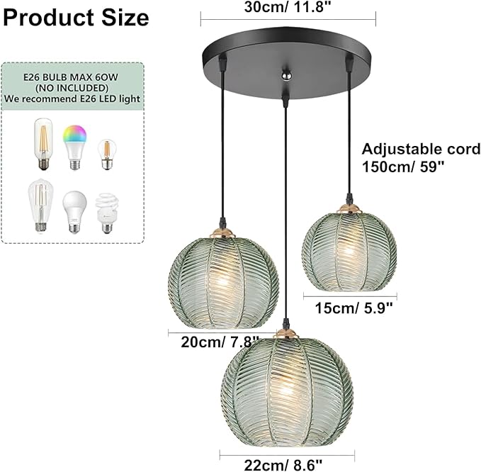 3-Light Cluster Chandelier, Mid Century Modern Dining Room Light Fixture Over Table, Kitchen Island Hanging Pendant Light Adjustable with Ribbed Glass Globe, Farmhouse Foyer Lighting