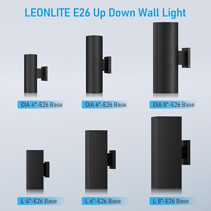 LEONLITE Modern Outdoor Rectangular Wall Lights 18", Up and Down Porch Patio Lights, Matte Black Waterproof Wall Sconce, Aluminum, E26 Base, Exterior Light Fixture Wall Mount, ETL, Pack of 2