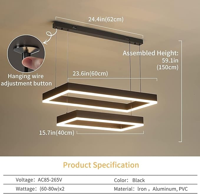 Modern Chandeliers for Living Room, 2-Ring Rectangles Pendant Light Kitchen Island Fixtures, Dimmable LED Chandelier for Dining Room Bedrooms, Black (40CM/60CM)