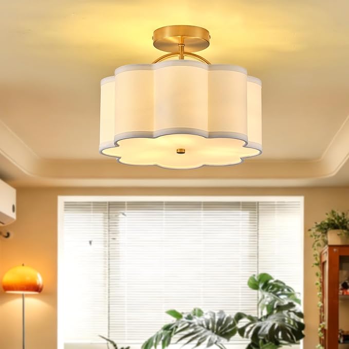 13.5" Gold Semi Flush Mount Ceiling Light Fixture for Bedroom,3-Light Modern Flower-Shape Close to Ceiling Light with Fabric Shade for Bedroom Hallway Nursery Living Room (White)