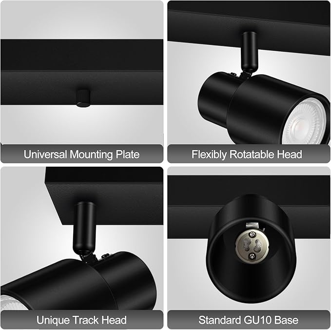 Plug in Track Lighting, 30" LED Track Light Fixtures Ceiling, Black 5 Way Ceiling Lights for Kitchen, 15FT Cord, Rotatable Light Head, Rocker Switch, Plug Spotlight for Bedroom Hallway(GU10, NO Bulb)
