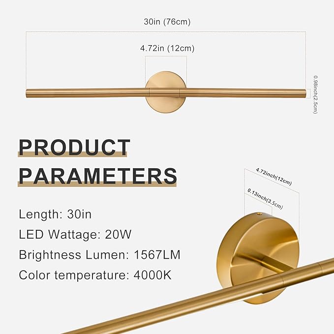 Gold Bathroom Light Fixtures Over Mirror 30 Inch, 20W 360° Rotatable Dimmable 4000K Led Vanity Light Bar, Brushed Gold Bathroom Vanity Lights Above Mirror