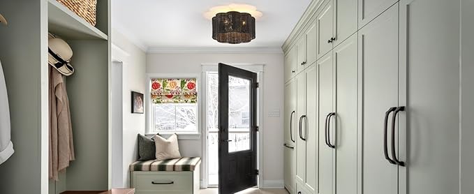 13” Boho Semi Flush Mount Ceiling Light Black Flower Floral Hand Woven Rattan Mini Chandelier for Bedroom Dining Room Kitchen Island Hallway, UL Listed