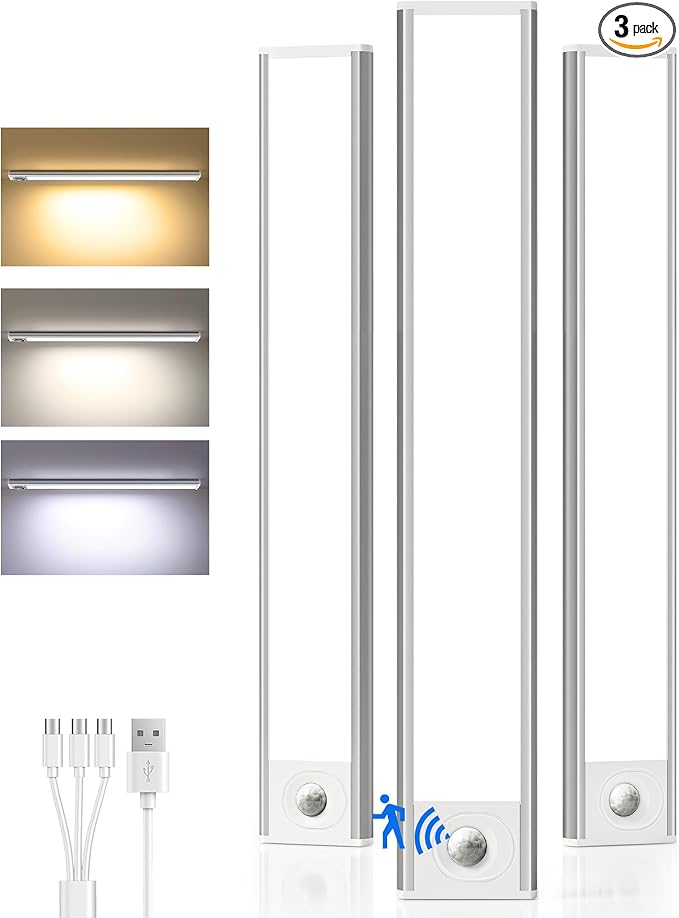 Under Cabinet Lighting Wireless, Rechargeable Battery Motion Sensor Light Indoor, LED Closet Lights USB Charging, 3 Color Dimmable Under Cabinet Lights for Kitchen, Cabinet, Wardrobe (3 Pcs) 16inch
