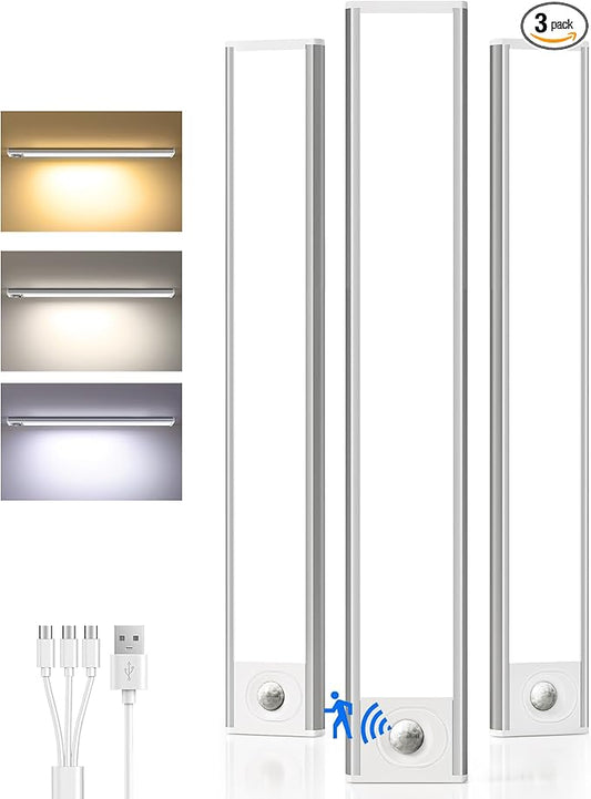 Under Cabinet Lighting Wireless, Rechargeable Battery Motion Sensor Light Indoor, LED Closet Lights USB Charging, 3 Color Dimmable Under Cabinet Lights for Kitchen, Cabinet, Wardrobe (3 Pcs) 16inch