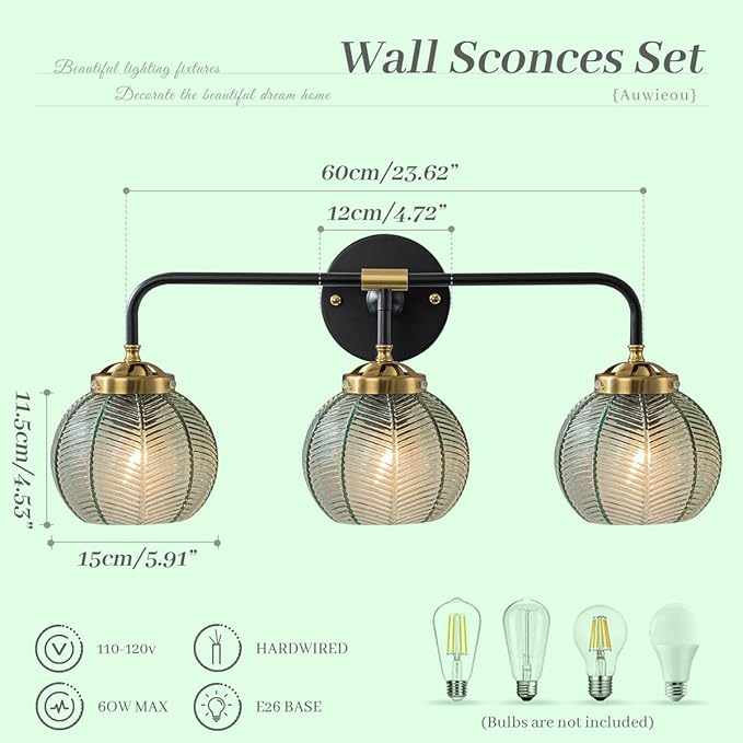 Black Wall Sconce 3 Light Bathroom Vanity Light Over Mirror, Vintage Wall lamp Green Glass Wall Sconce Light with Ribbed Glass Shade Bedroom Wall sconces for Bedroom Hallway Living Room