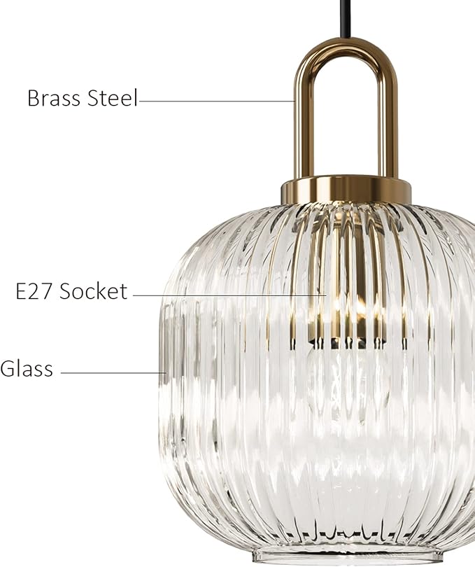 Industrial Vintage Pendant Lighting with Ribbed Glass Lamp Shade and Bronze Finish, Modern Retro Ceiling Light Hanging Lamp for Bedside Dining Table Kitchen Island (Transparent, 7.9")