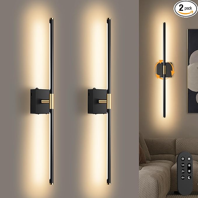 SAIMAND Wall Sconces Set of 2 Battery Operated, Wireless USB Rechargeable Wall Lights with Remote Control, 360° Rotation, 8000mAh LED Dimmable Picture Lamp for Living Room,Bedroom,Hallway (30in Black)