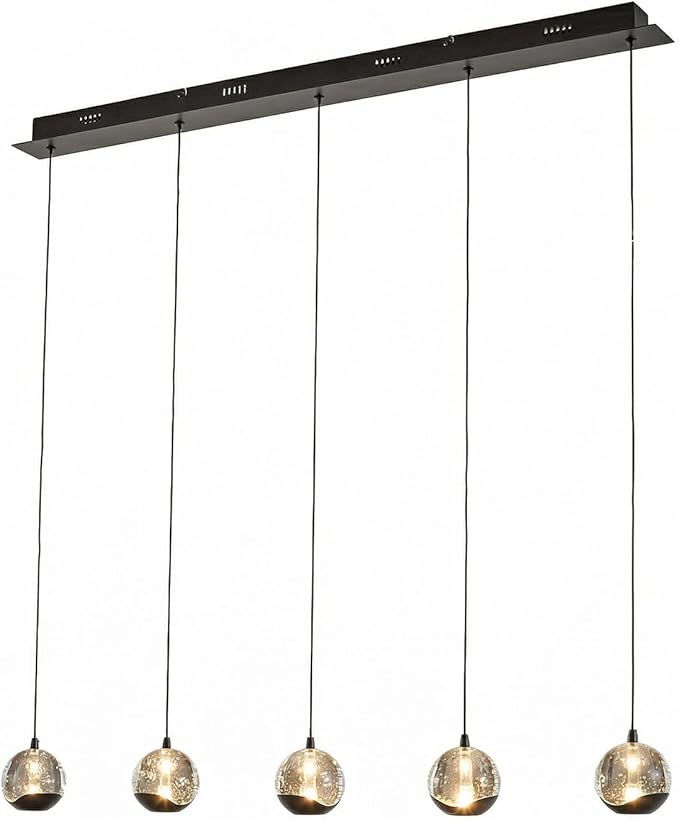 37.8" LED Linear Pendant Light Fixtures, 5-Light Black Linear Chandelier with Bubble Glass Globes, LED 3000K Warm White, Modern Island Lights for Kitchen Living Room Ceiling Hanging, Hardwired
