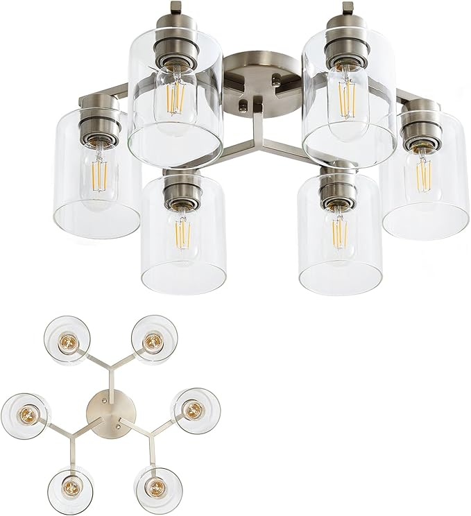 YYT Light Fixtures for Dining Room 6-Light Semi Flush Mount Ceiling Light Fixtures Large Brushed Nickel Kitchen Lighting Fixtures Ceiling with Clear Glass Shade for Living Room - E26